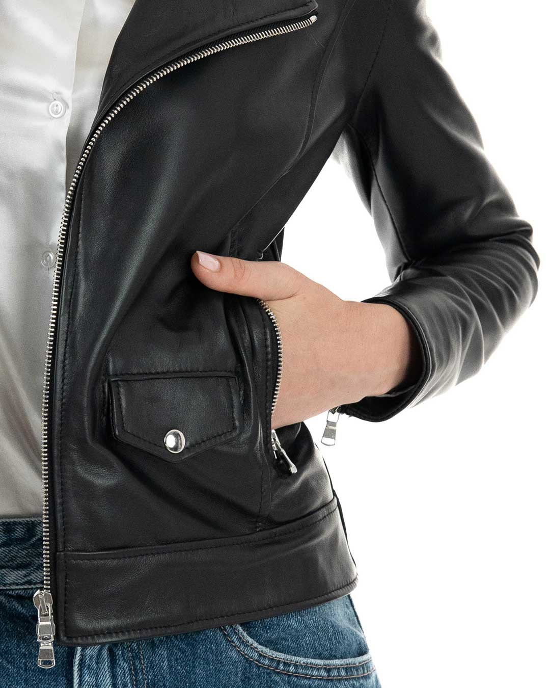 CATHERINE Giacca Chiodo da donna in vera pelle nero