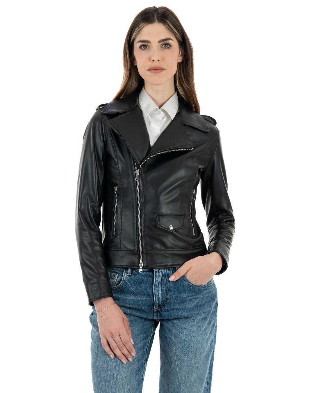 CATHERINE Giacca Chiodo da donna in vera pelle nero