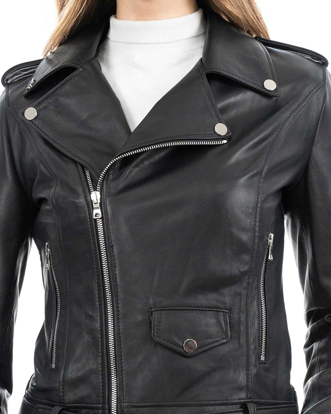 JULIA Giacca Chiodo con cintura da donna in vera pelle nero