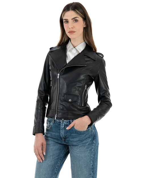 CATHERINE Giacca Chiodo da donna in vera pelle nero