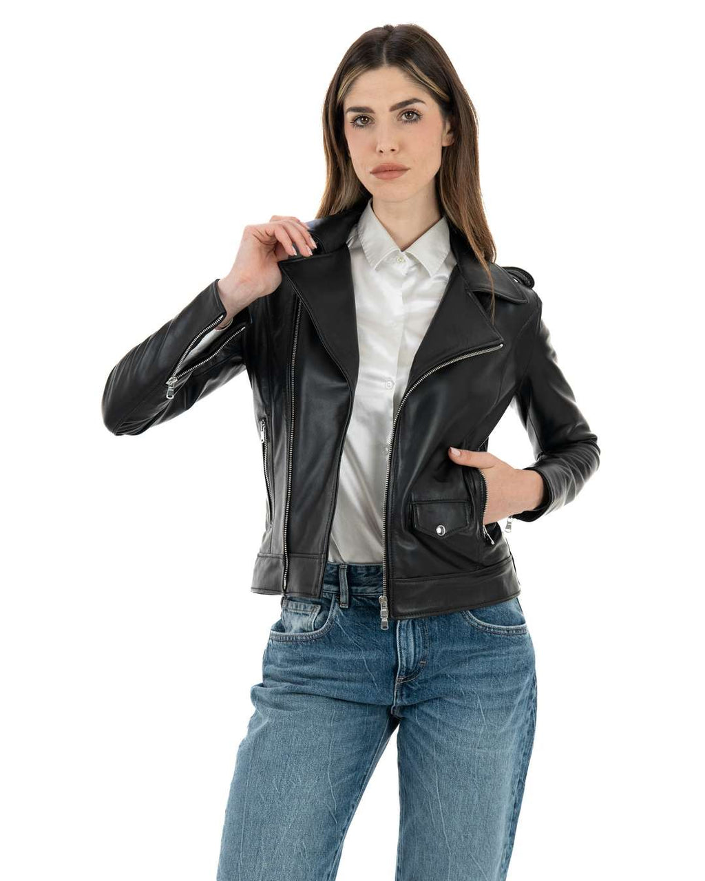 CATHERINE Giacca Chiodo da donna in vera pelle nero
