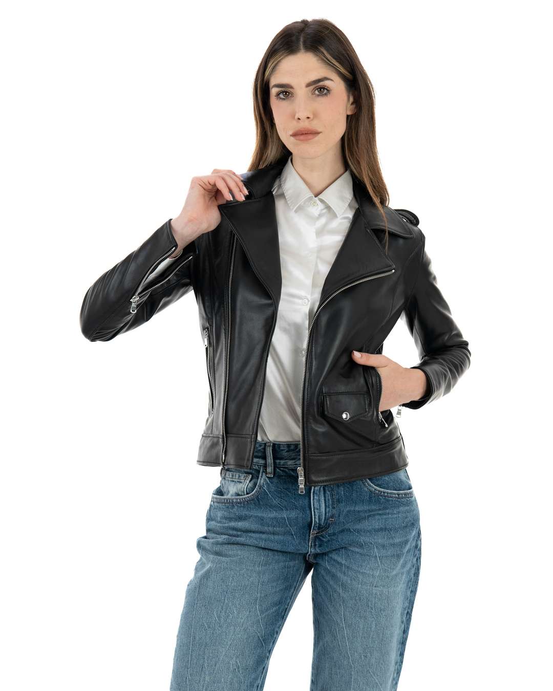 CATHERINE Giacca Chiodo da donna in vera pelle nero