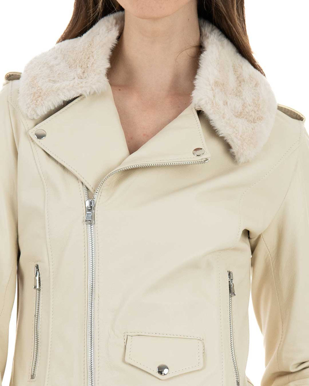 JULIA SH Giacca Chiodo con cintura da donna in vera pelle panna