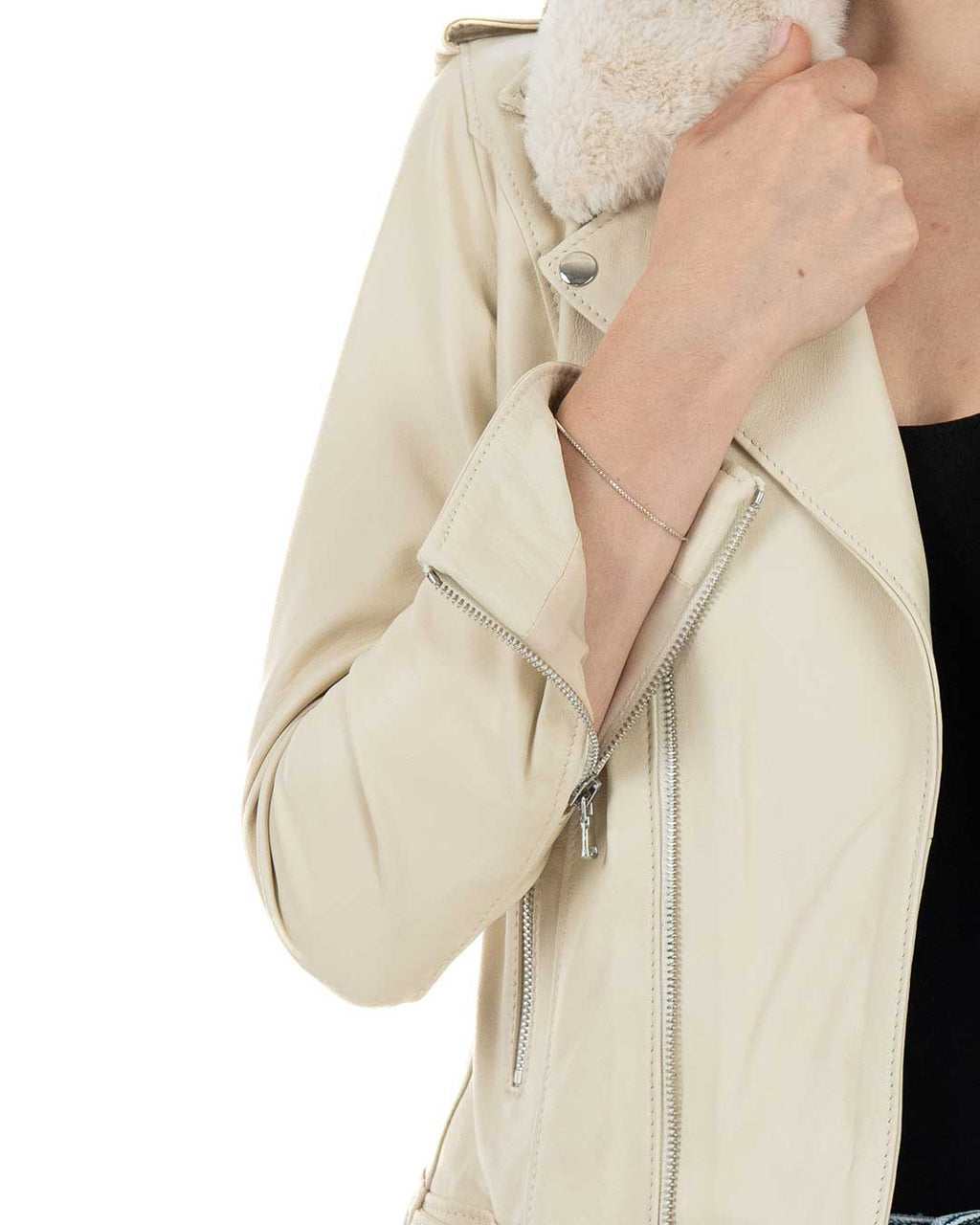 JULIA SH Giacca Chiodo con cintura da donna in vera pelle panna