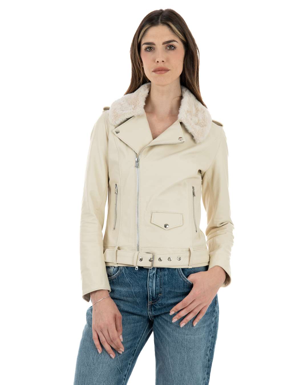JULIA SH Giacca Chiodo con cintura da donna in vera pelle panna
