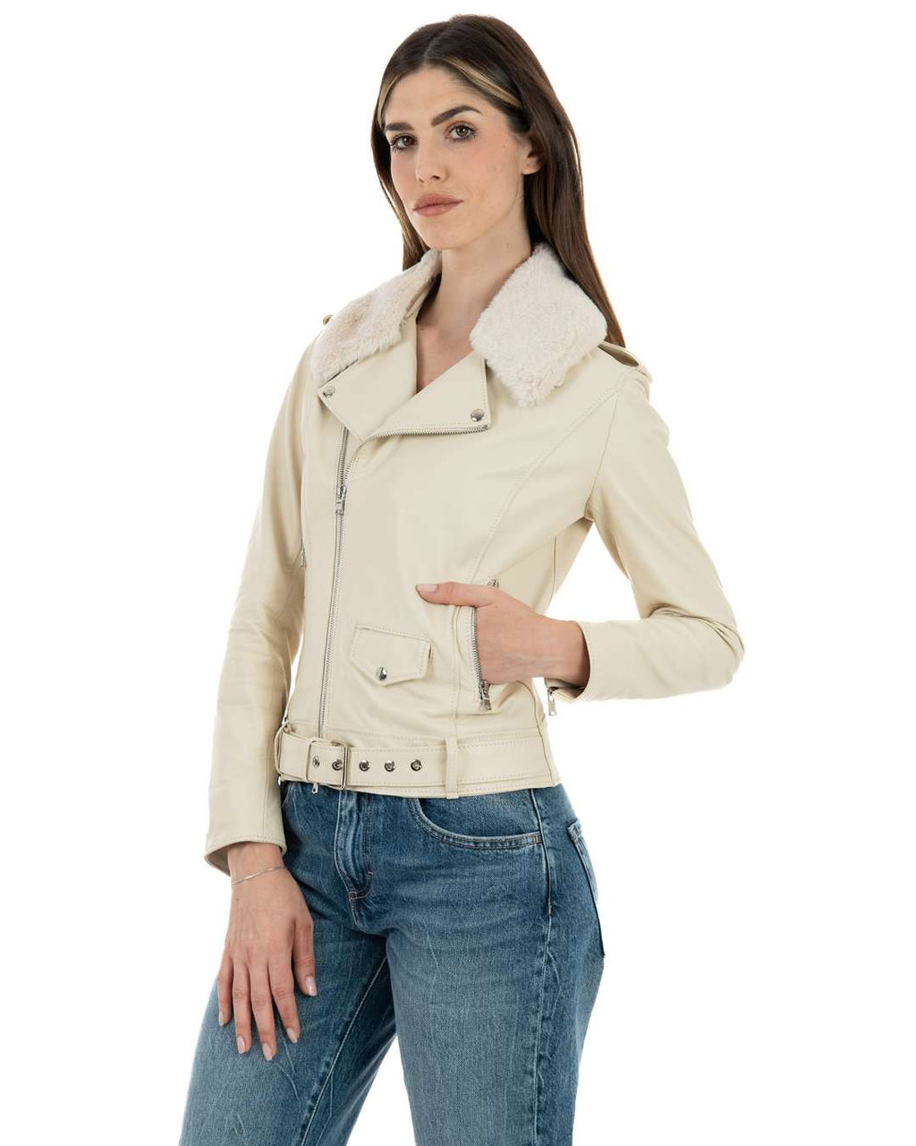 JULIA SH Giacca Chiodo con cintura da donna in vera pelle panna