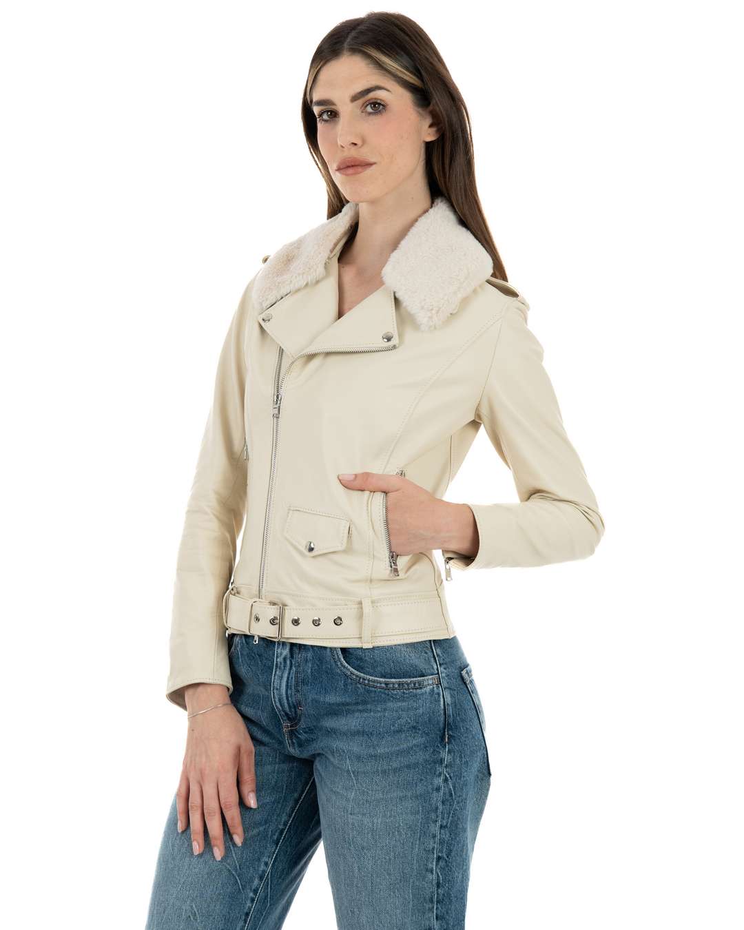 JULIA SH Giacca Chiodo con cintura da donna in vera pelle panna