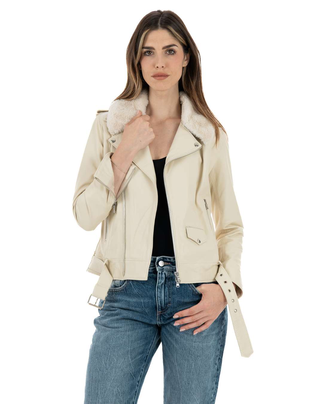 JULIA SH Giacca Chiodo con cintura da donna in vera pelle panna
