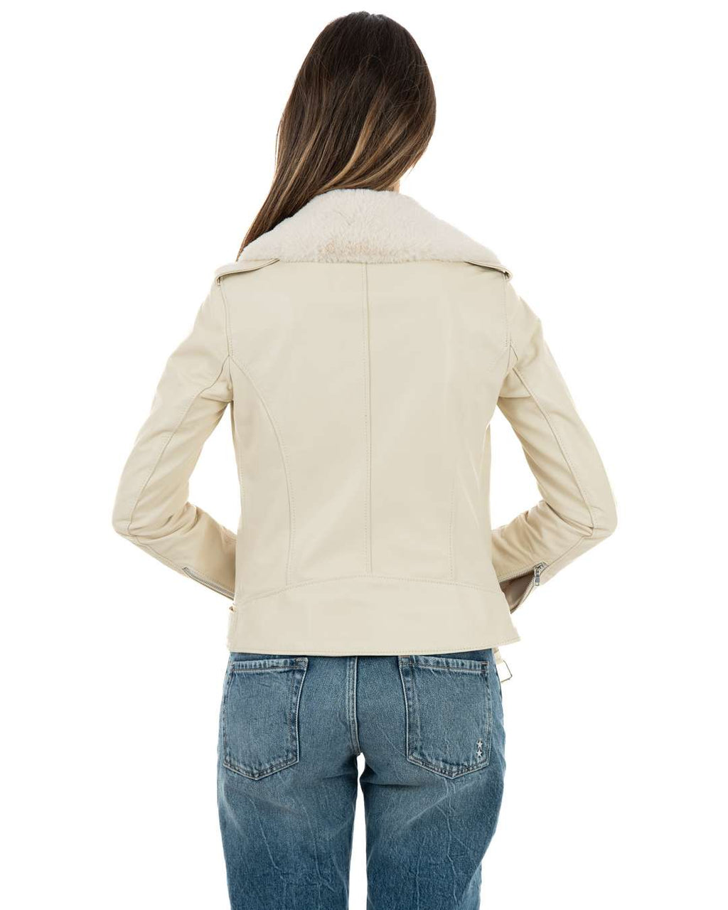 JULIA SH Giacca Chiodo con cintura da donna in vera pelle panna