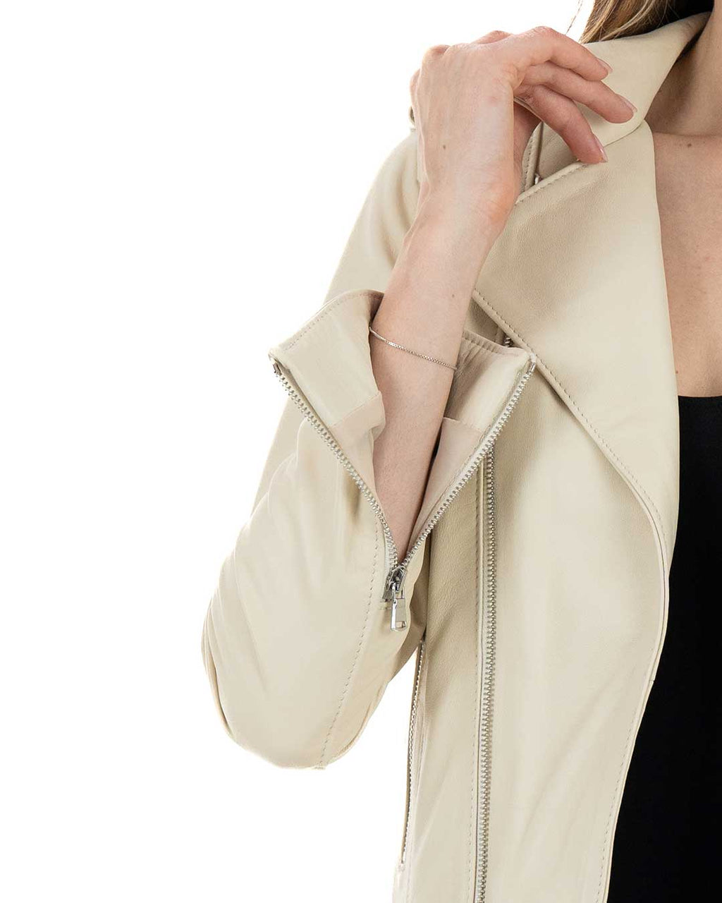 JULIA Giacca Chiodo con cintura da donna in vera pelle panna