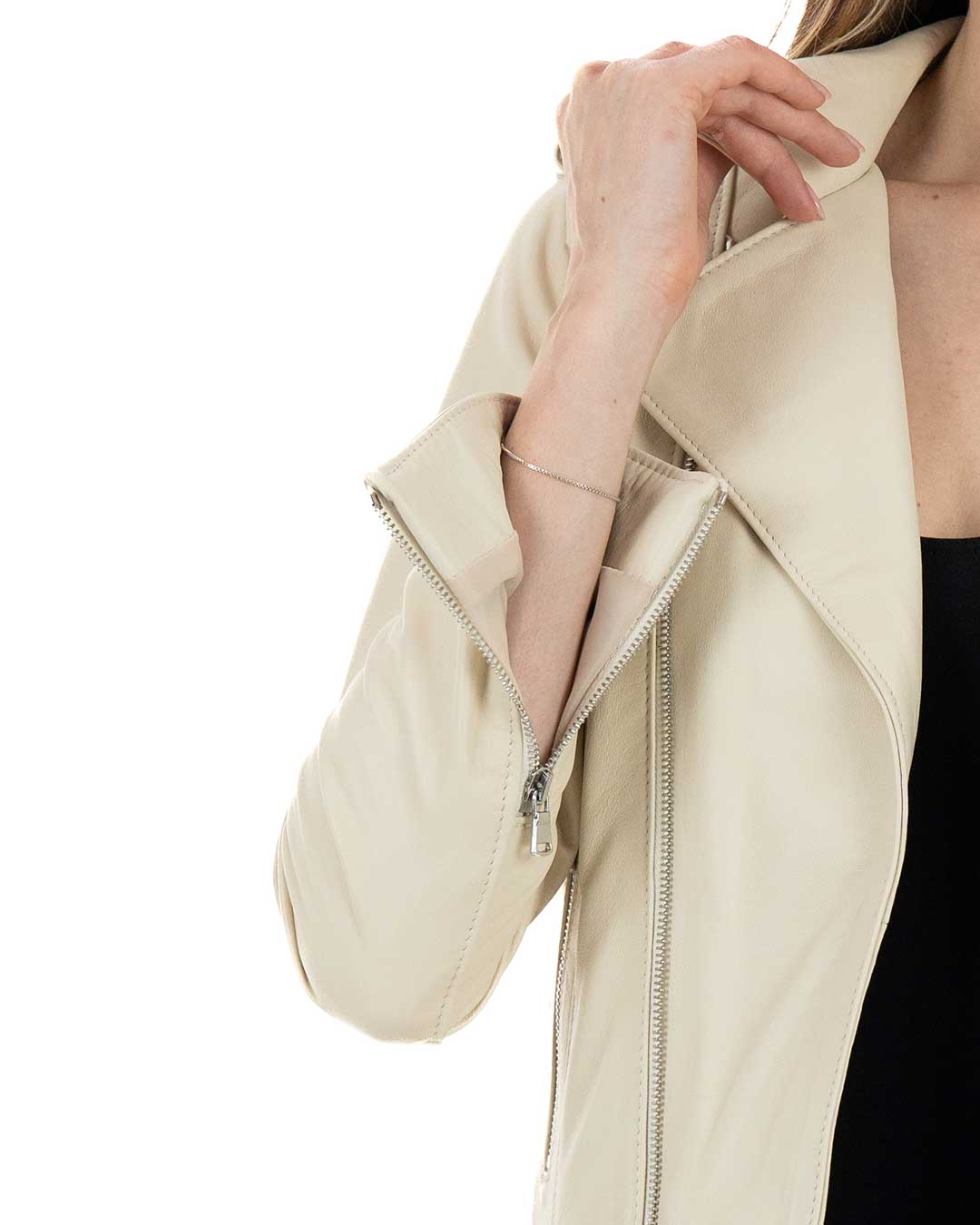 JULIA Giacca Chiodo con cintura da donna in vera pelle panna