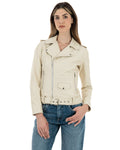 Giacca Chiodo con cintura da donna in vera pelle panna