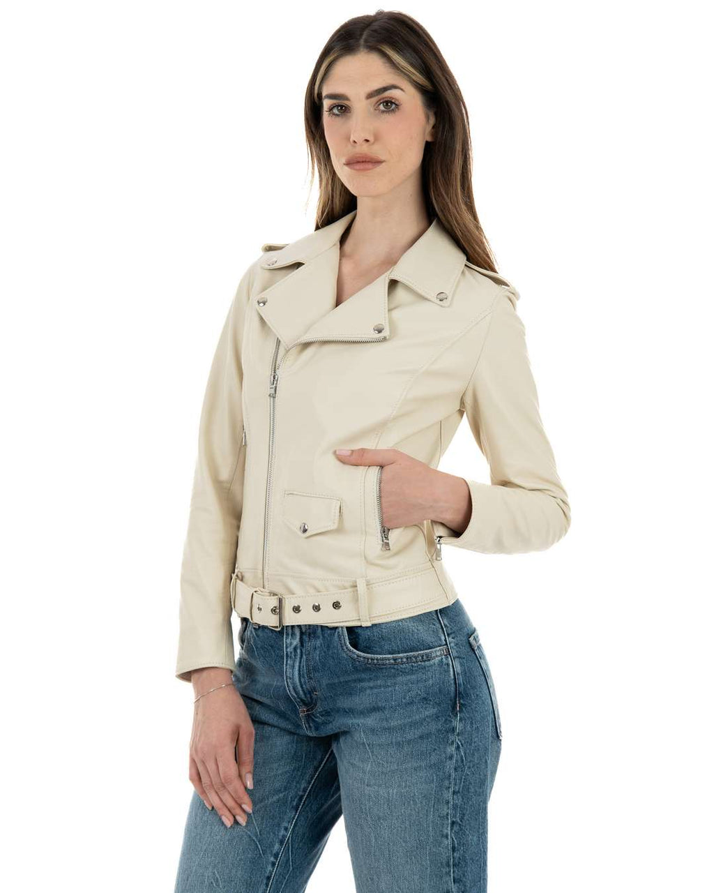 JULIA Giacca Chiodo con cintura da donna in vera pelle panna