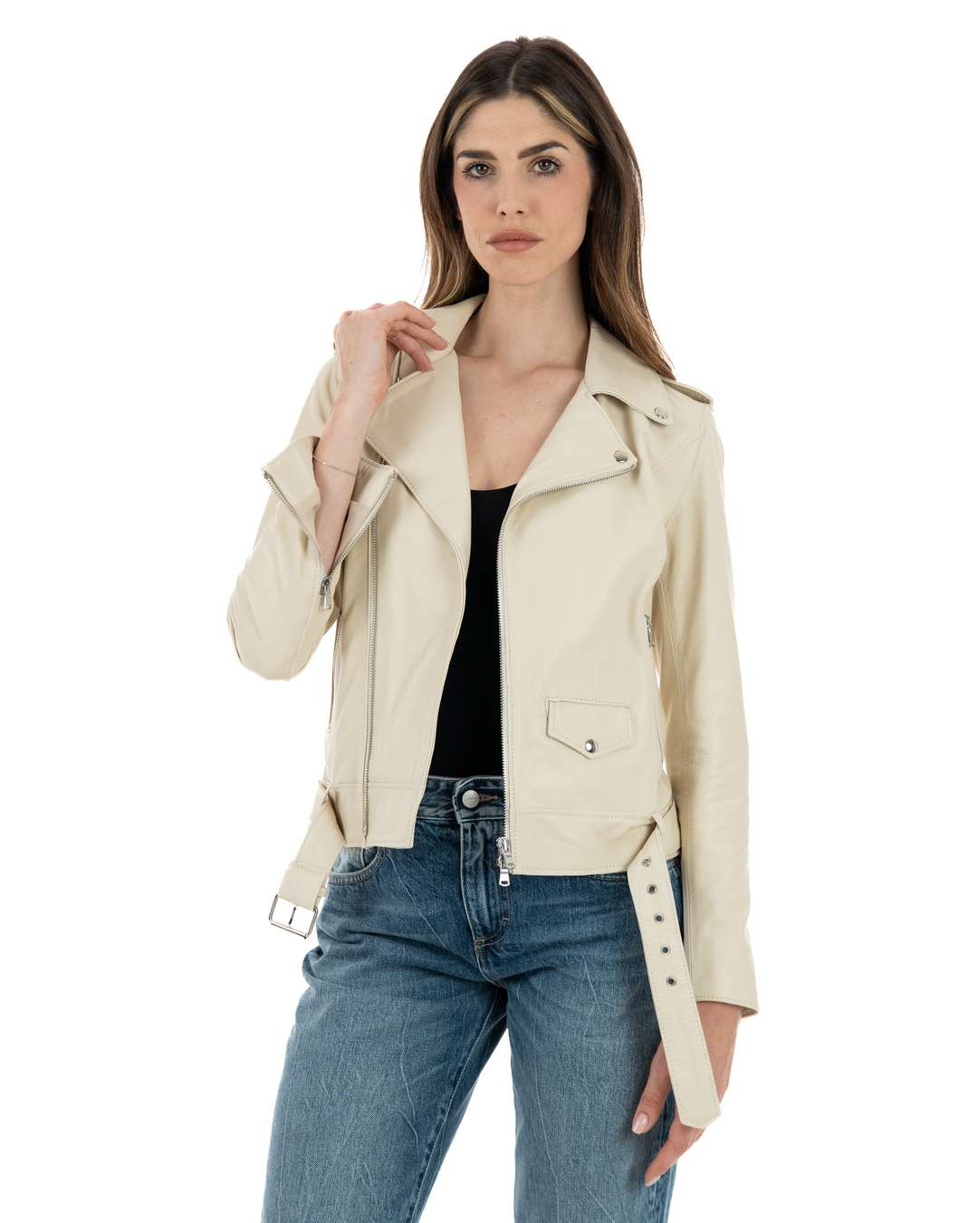 JULIA Giacca Chiodo con cintura da donna in vera pelle panna