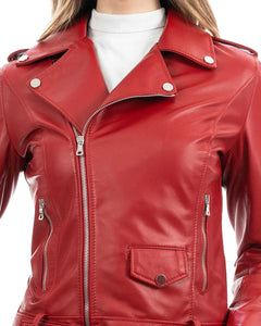 JULIA Giacca Chiodo con cintura da donna in vera pelle rosso