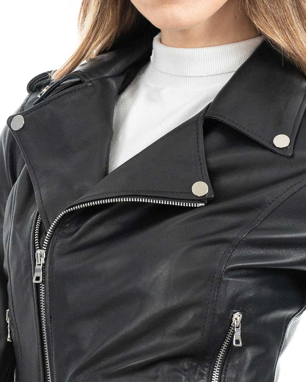 JULIA Giacca Chiodo con cintura da donna in vera pelle nero