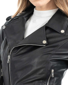 JULIA Giacca Chiodo con cintura da donna in vera pelle nero