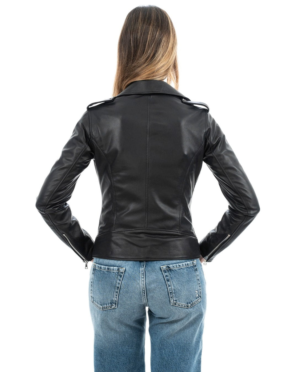 JULIA Giacca Chiodo con cintura da donna in vera pelle nero