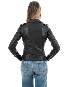 JULIA Giacca Chiodo con cintura da donna in vera pelle nero