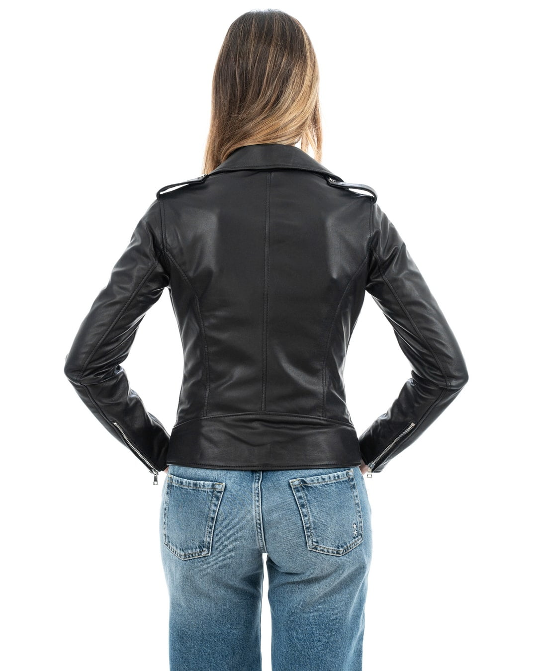 JULIA Giacca Chiodo con cintura da donna in vera pelle nero