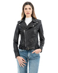 Giacca Chiodo con cintura da donna in vera pelle nero