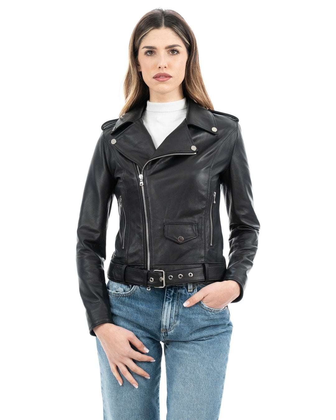 Giacca Chiodo con cintura da donna in vera pelle nero