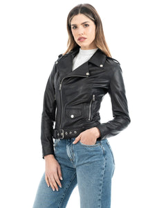JULIA Giacca Chiodo con cintura da donna in vera pelle nero