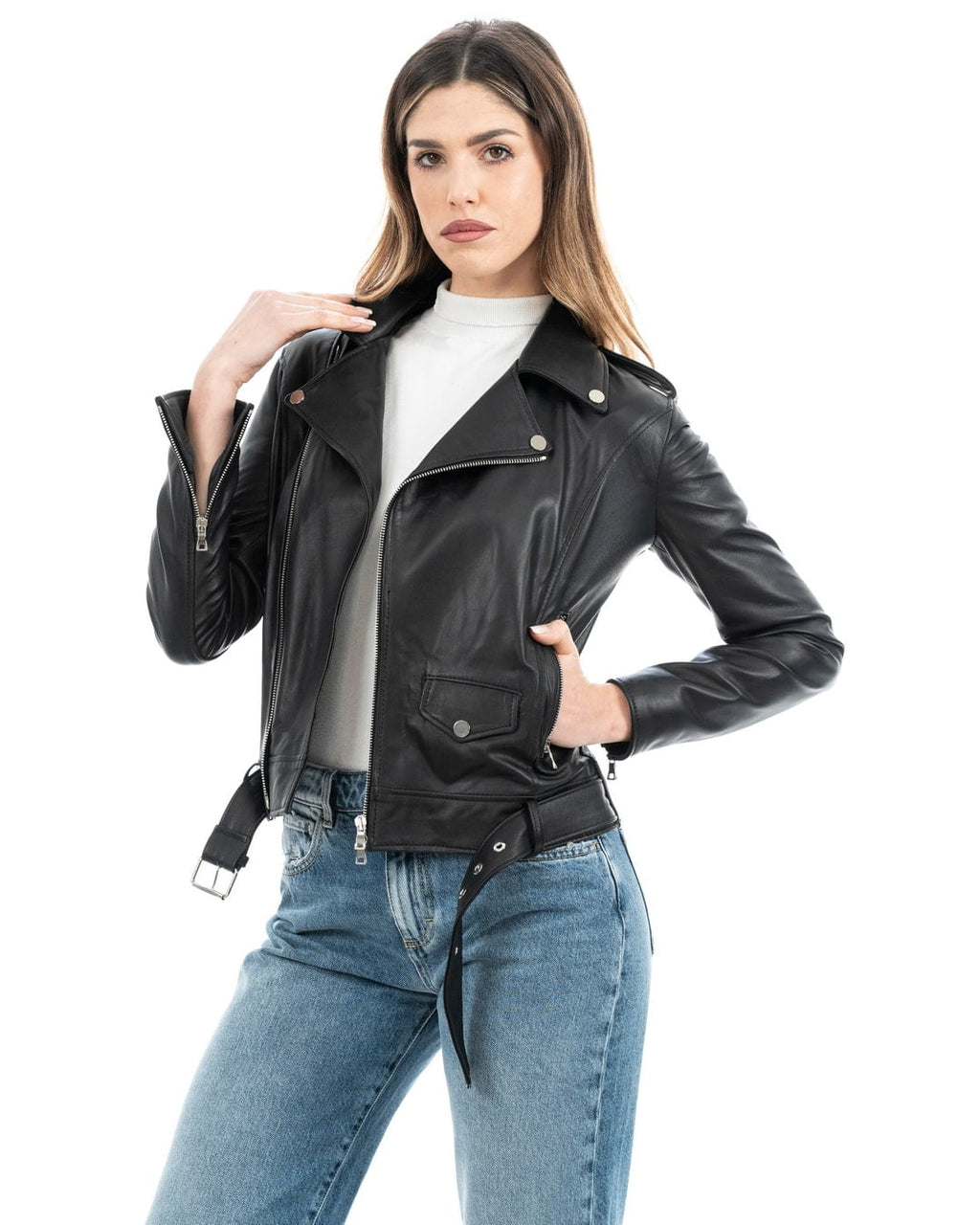 JULIA Giacca Chiodo con cintura da donna in vera pelle nero