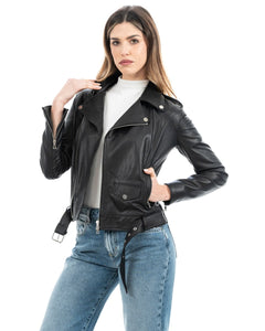 JULIA Giacca Chiodo con cintura da donna in vera pelle nero