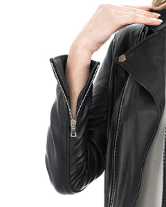 JULIA Giacca Chiodo con cintura da donna in vera pelle nero