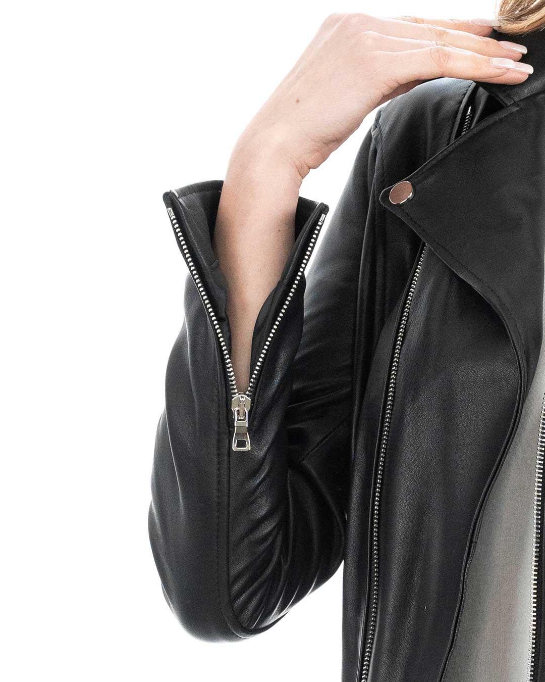JULIA Giacca Chiodo con cintura da donna in vera pelle nero