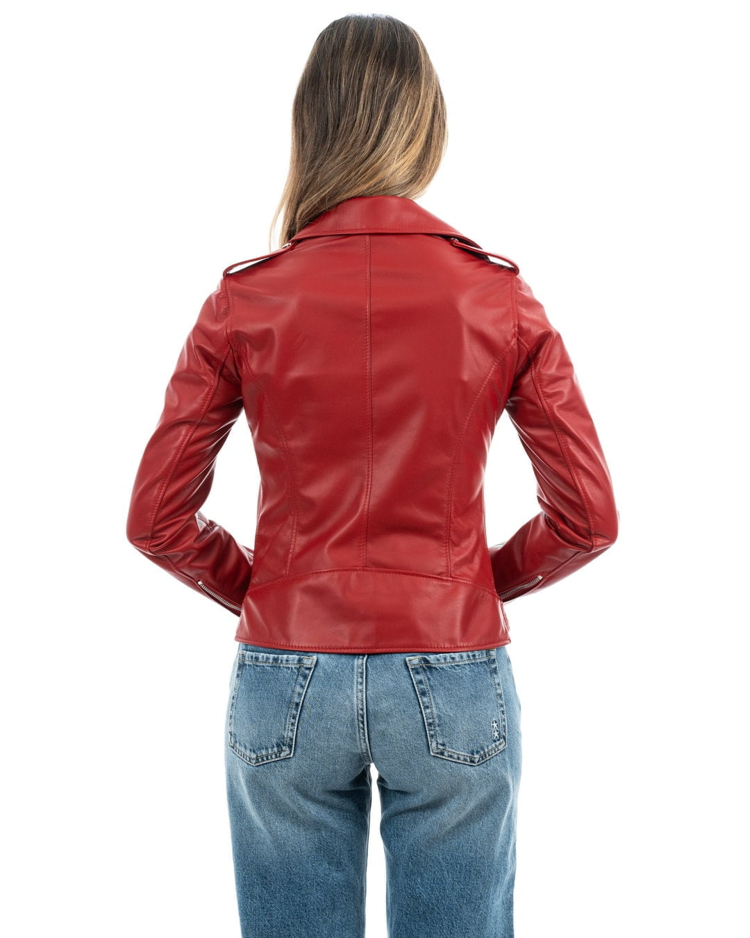 JULIA Giacca Chiodo con cintura da donna in vera pelle rosso