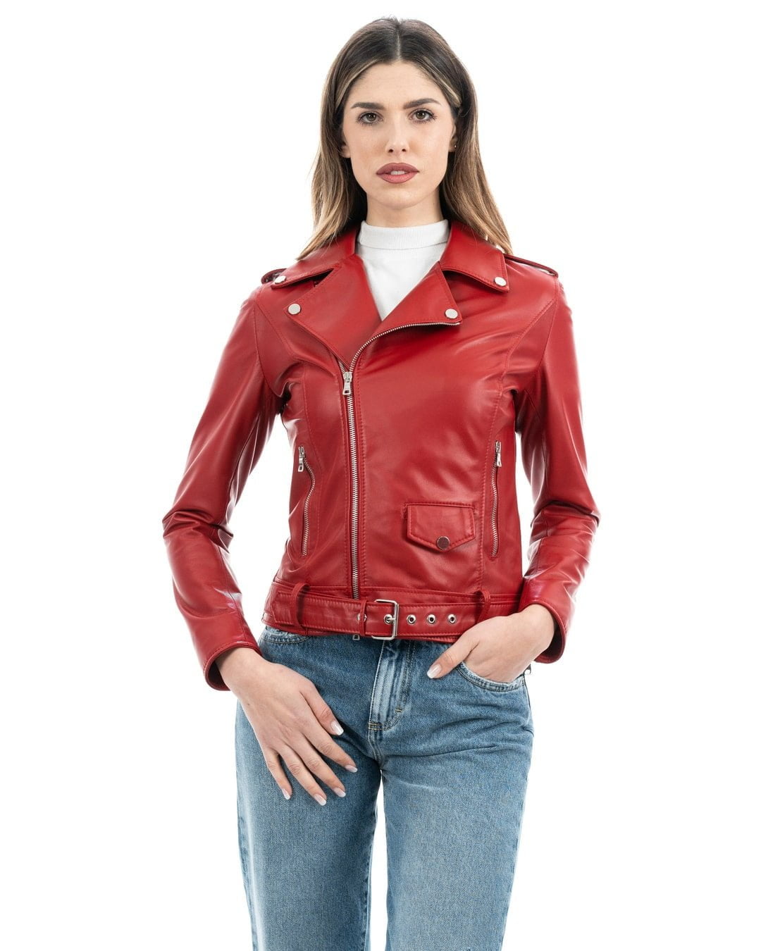 Giacca Chiodo con cintura da donna in vera pelle rosso
