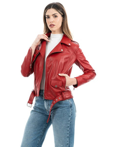 JULIA Giacca Chiodo con cintura da donna in vera pelle rosso