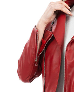 JULIA Giacca Chiodo con cintura da donna in vera pelle rosso
