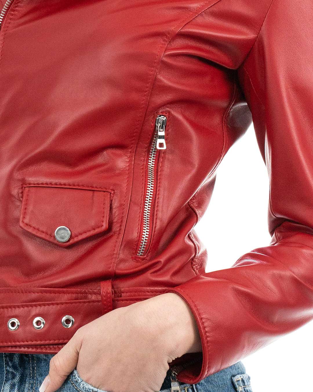 JULIA Giacca Chiodo con cintura da donna in vera pelle rosso