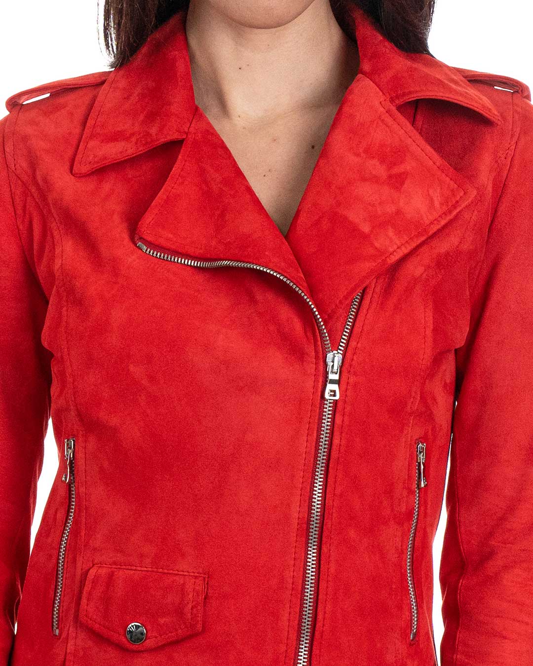 GEORGIA Giacca Chiodo da donna in vera pelle scamosciata rosso