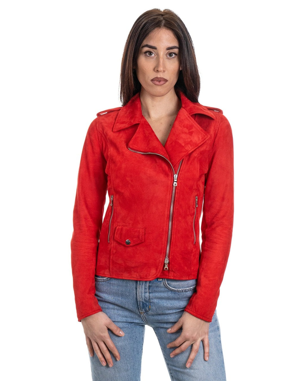 Giacca Chiodo da donna in vera pelle scamosciata rosso