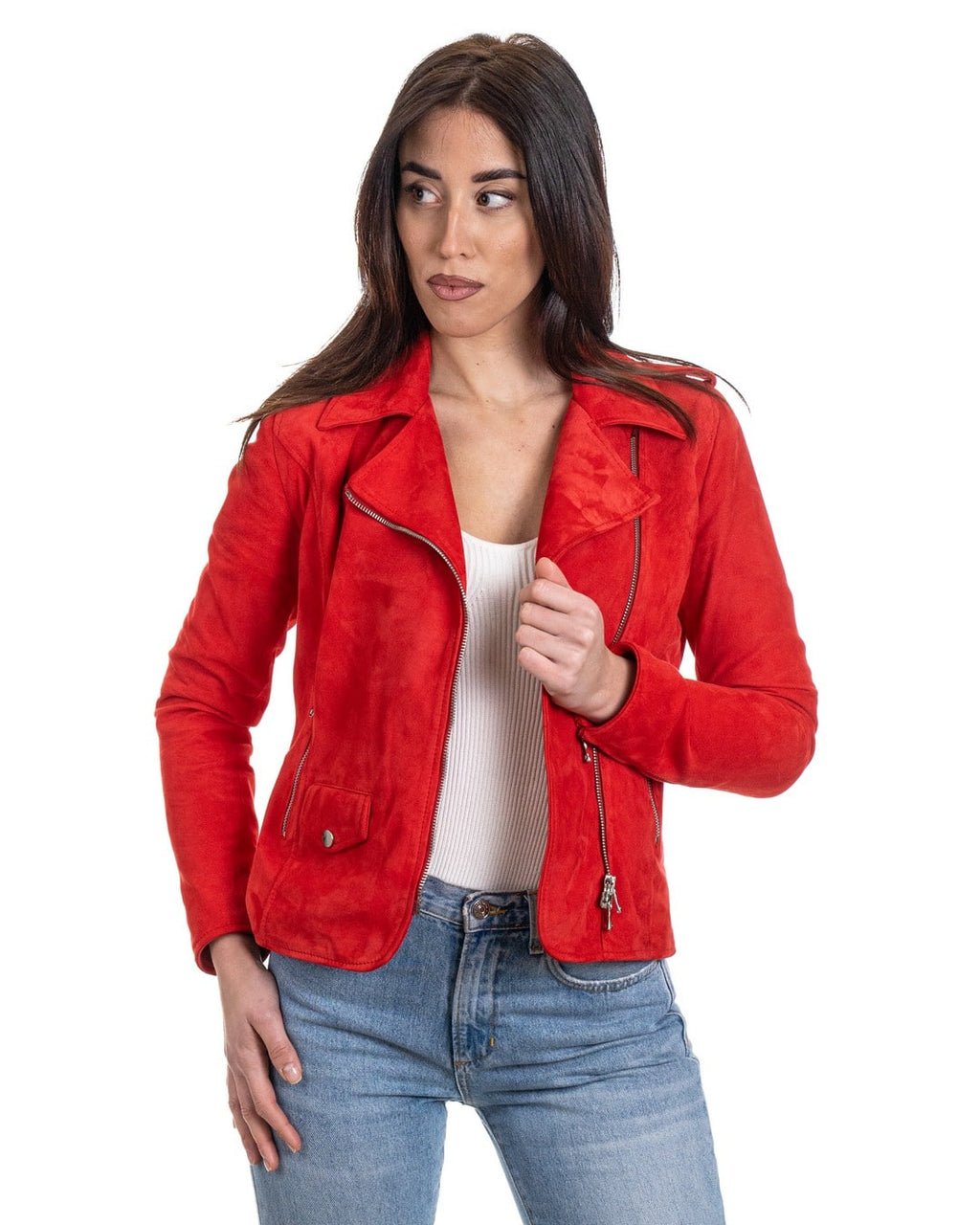 GEORGIA Giacca Chiodo da donna in vera pelle scamosciata rosso
