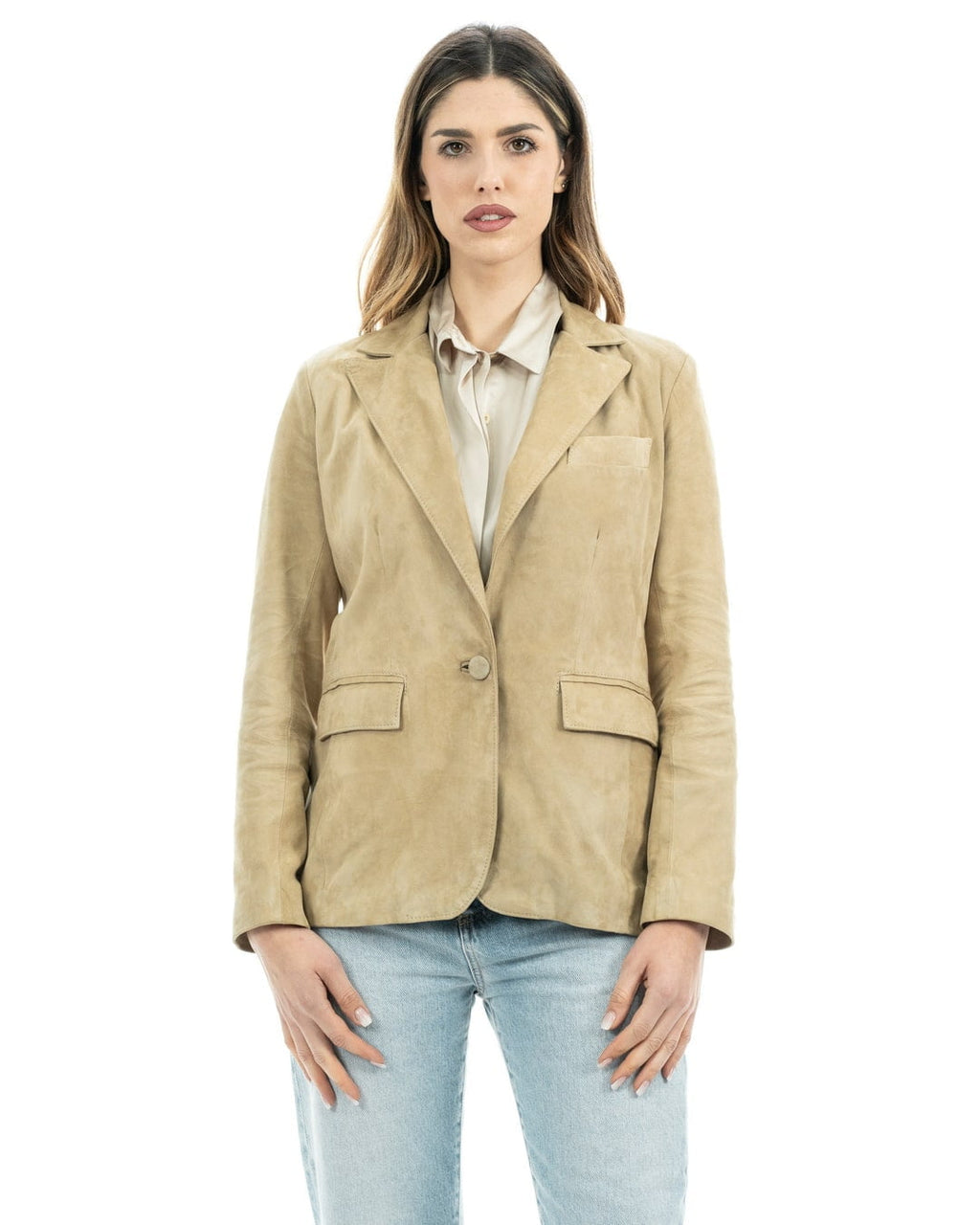 Giacca Blazer da donna in vera pelle scamosciata sabbia