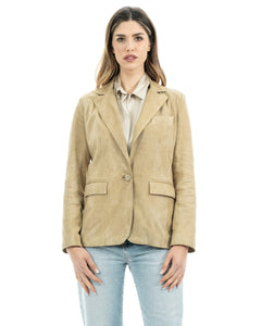 Giacca Blazer da donna in vera pelle scamosciata sabbia