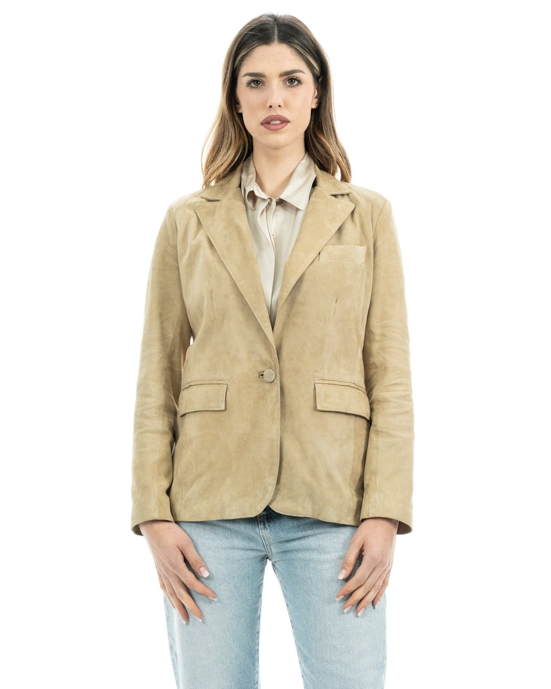 Giacca Blazer da donna in vera pelle scamosciata sabbia