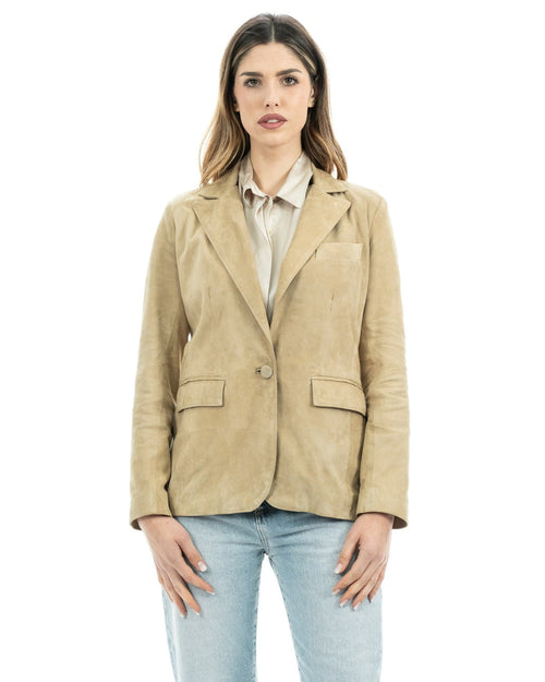 Giacca Blazer da donna in vera pelle scamosciata sabbia