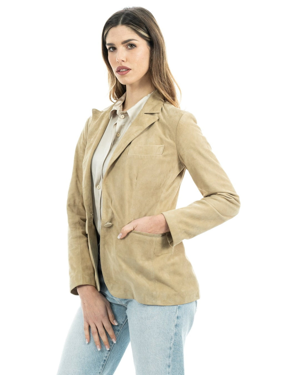 CAMILLA Giacca Blazer da donna in vera pelle scamosciata sabbia