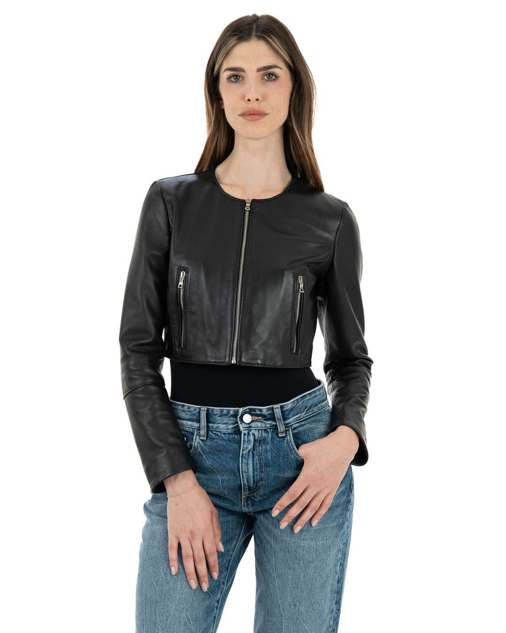 Giacca corta da donna in vera pelle nero