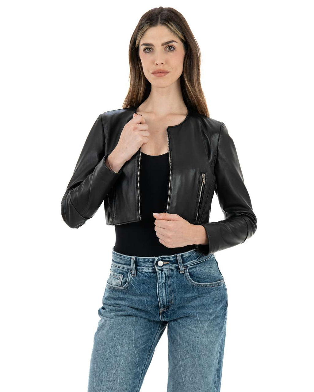 ISABEL Giacca corta da donna in vera pelle nero