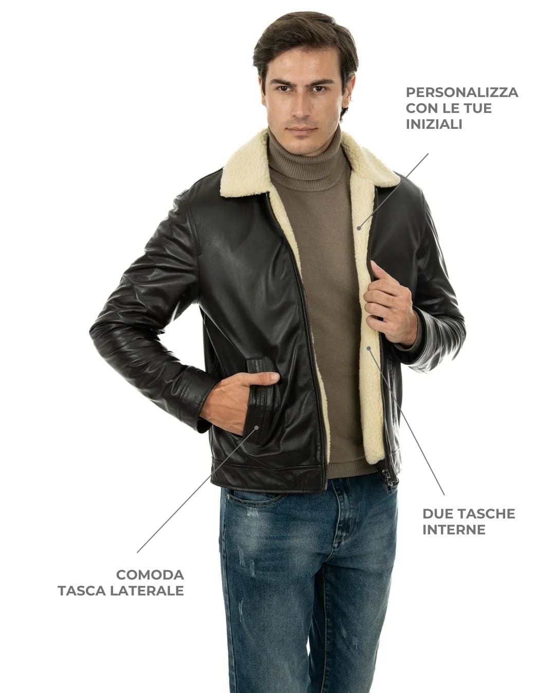 THOMAS Giacca invernale da uomo in vera pelle testa di moro con interno in pelo