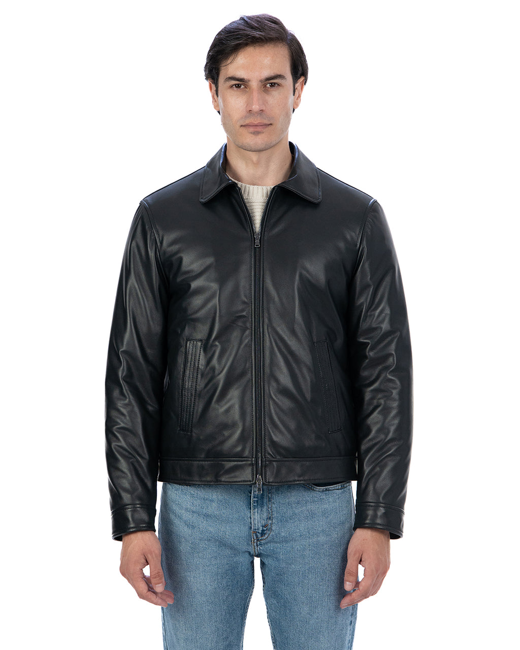 TOMMY Giacca Biker da uomo in vera pelle nero con trapunta