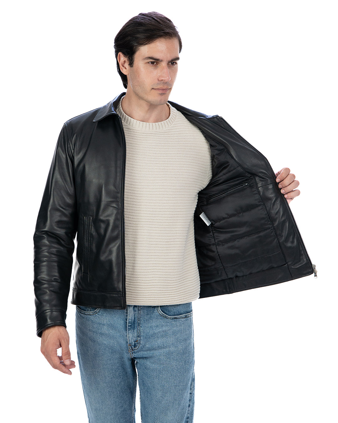 TOMMY Giacca Biker da uomo in vera pelle nero con trapunta