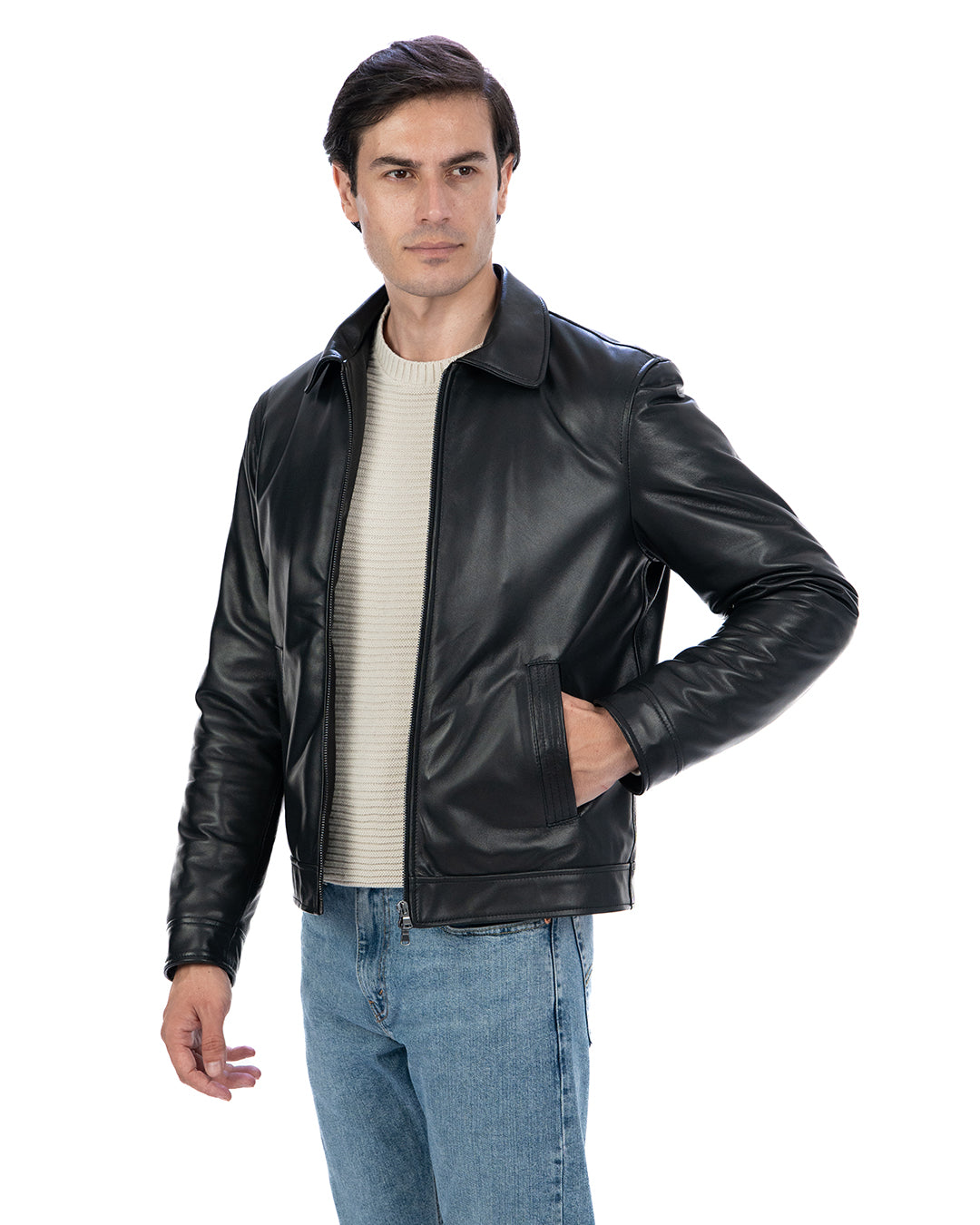 TOMMY Giacca Biker da uomo in vera pelle nero con trapunta